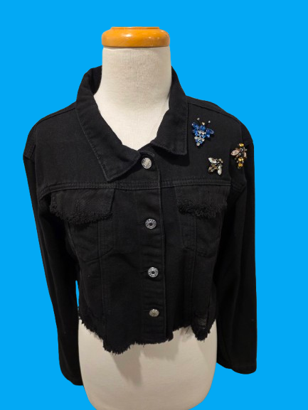 Black Cropped Denim Jacket with Statement Brooches