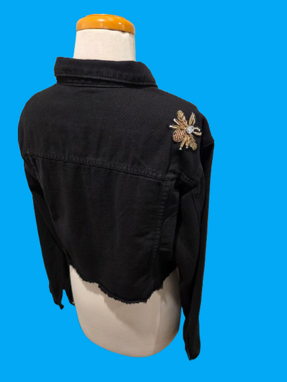 Black Cropped Denim Jacket with Statement Brooches
