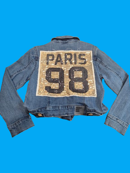 Black Cropped KIDS Denim Jacket with Sequin “PARIS 98” Design