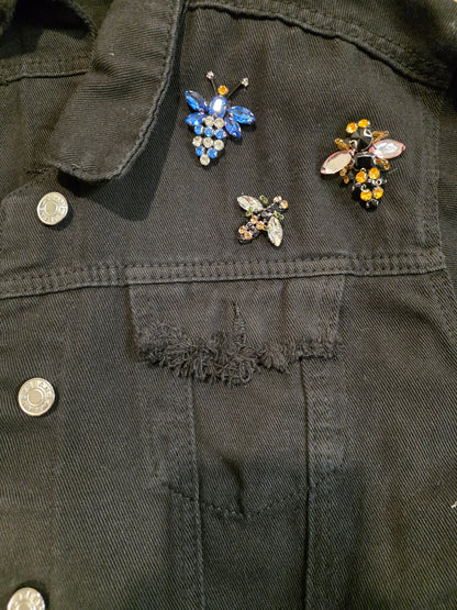 Black Cropped Denim Jacket with Statement Brooches