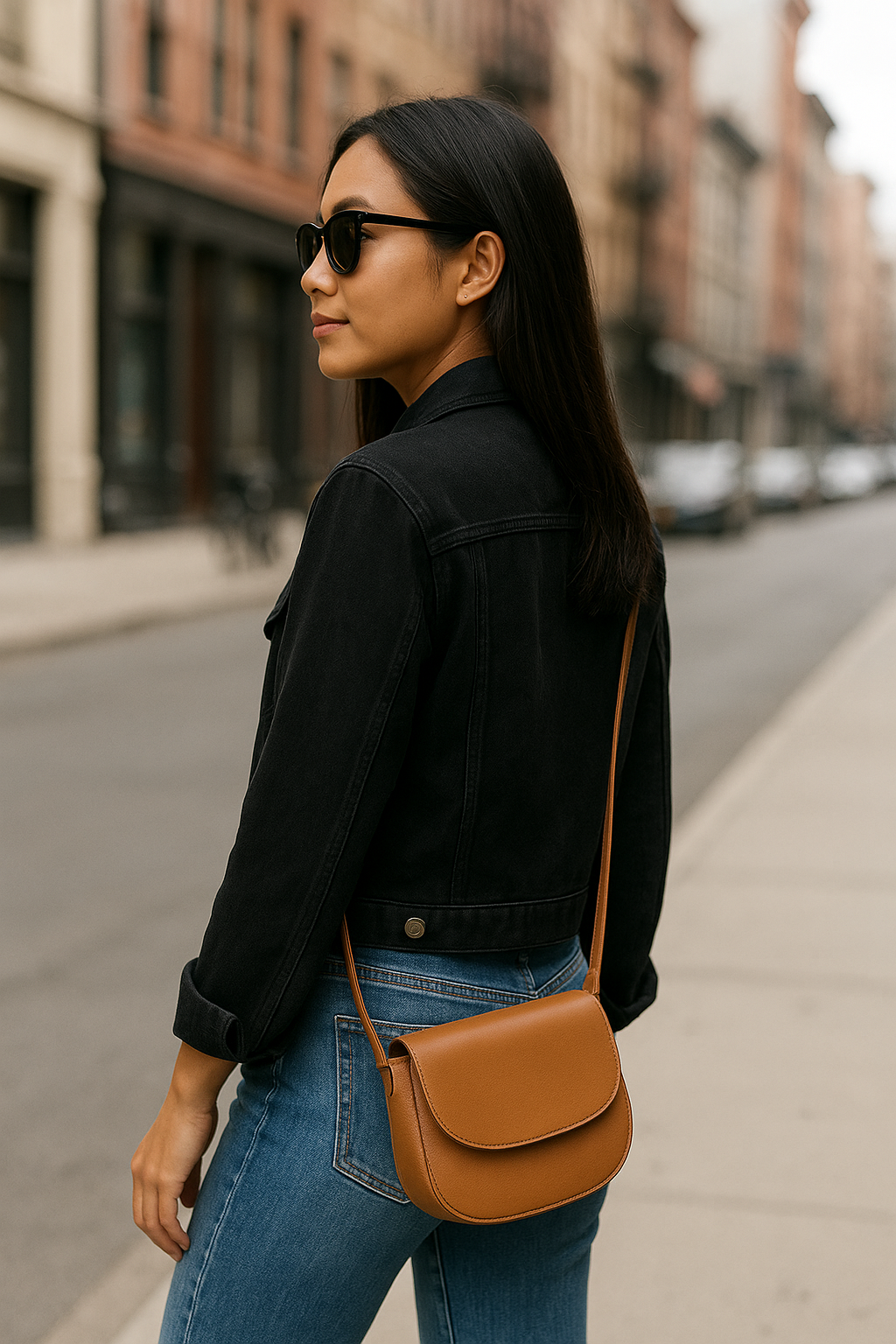 Black Cropped Denim Jacket with Statement Brooches