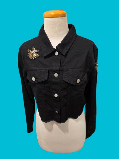 Black Cropped Denim Jacket with Embellished Bee Appliqués