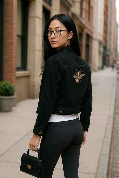 Black Cropped Denim Jacket with Gold Bee Embroidery
