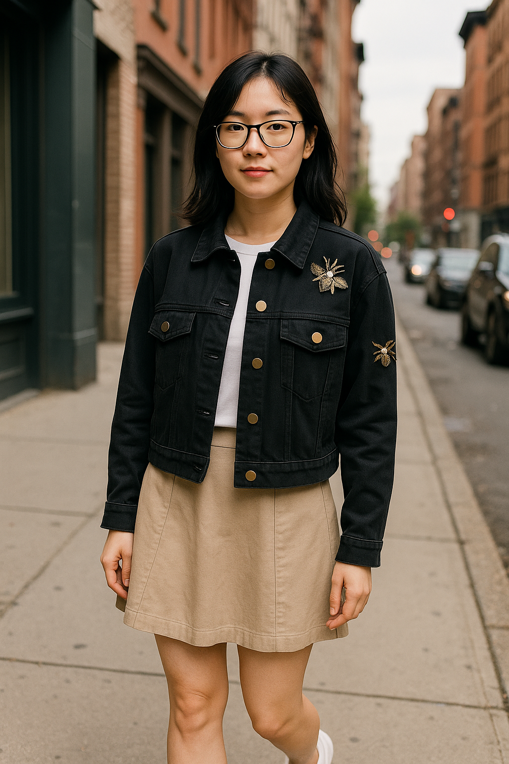 Black Cropped Denim Jacket with Gold Bee Embroidery