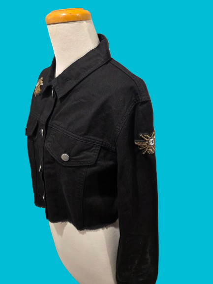 Black Cropped Denim Jacket with Embellished Bee Appliqués