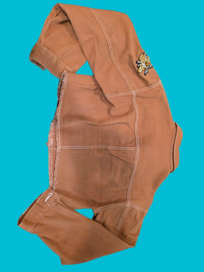 Women’s Cropped Denim Jacket – Caramel Brown with Beaded Bee Patch