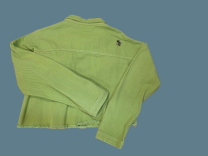 Women’s Cropped Green Denim Jacket – Oversized Flower & Bee Detail