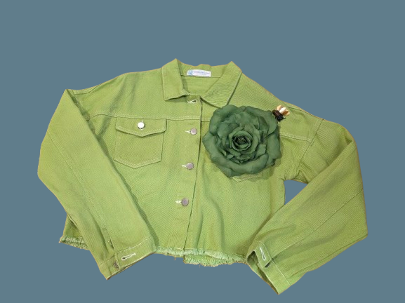 Women’s Cropped Green Denim Jacket – Oversized Flower & Bee Detail