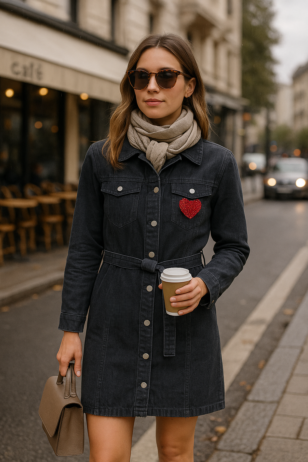 Women’s Black Denim Shirt Dress – Beaded Heart Detail