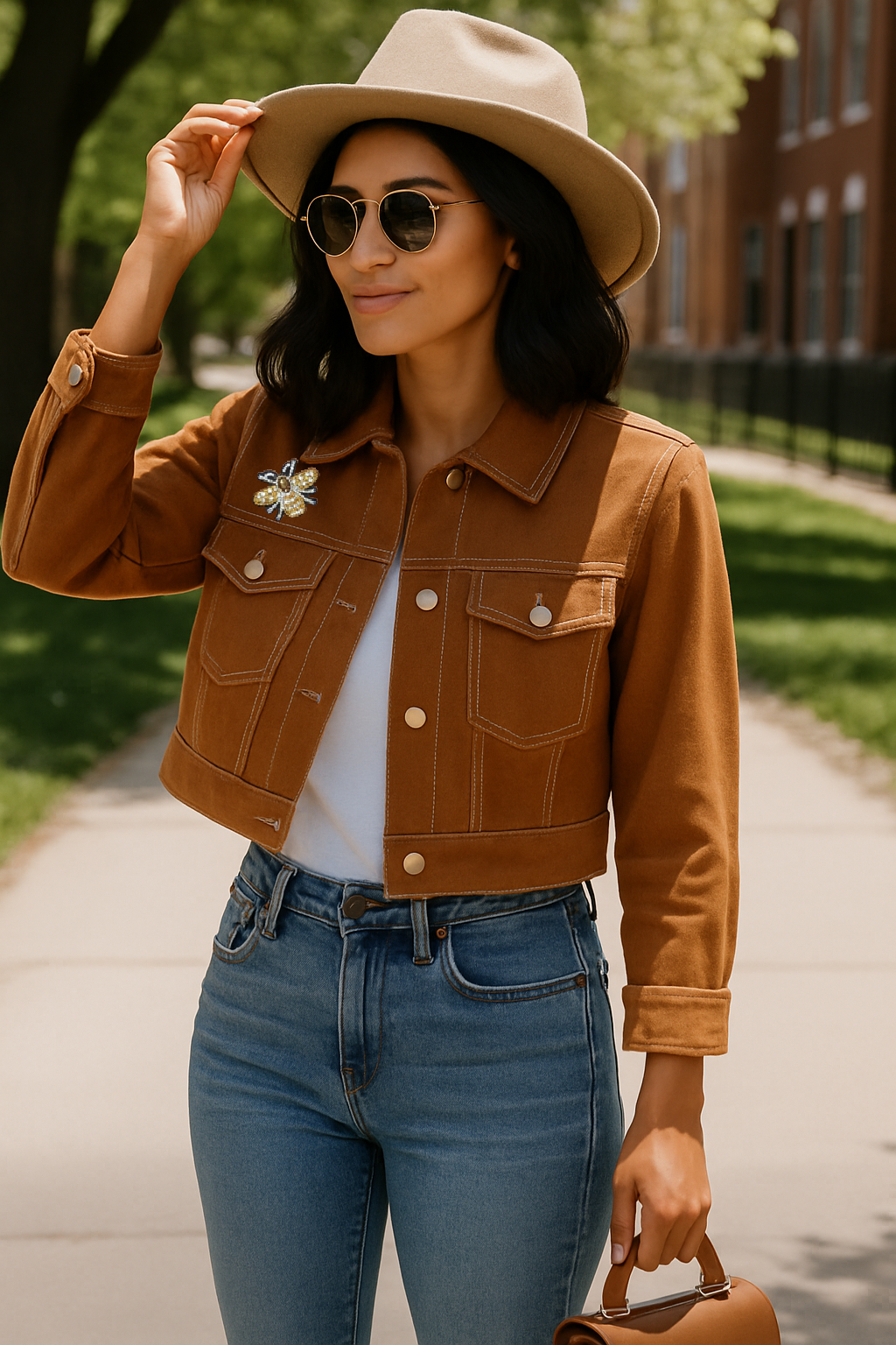Women’s Cropped Denim Jacket – Caramel Brown with Beaded Bee Patch