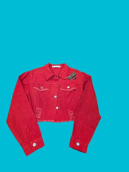 Women’s Cropped Red Denim Jacket – Beaded Bee Patch Detail