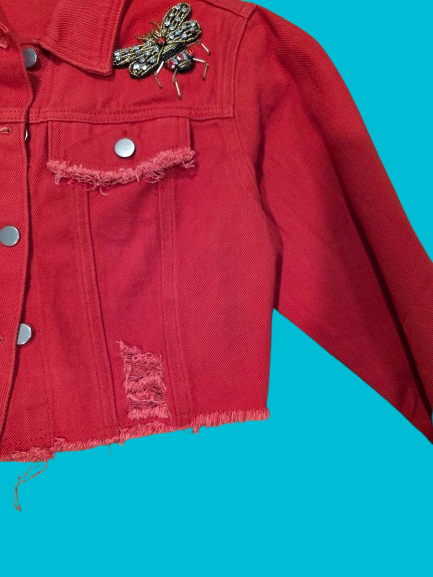 Women’s Cropped Red Denim Jacket – Beaded Bee Patch Detail