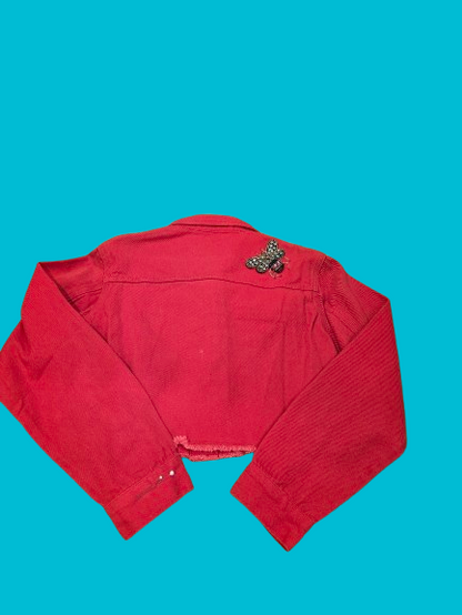 Women’s Cropped Red Denim Jacket – Beaded Bee Patch Detail