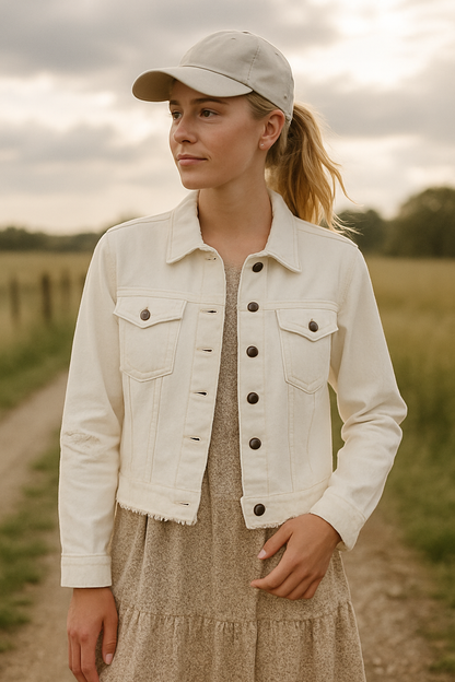 Women’s Cropped White Denim Jacket – Distressed Hem
