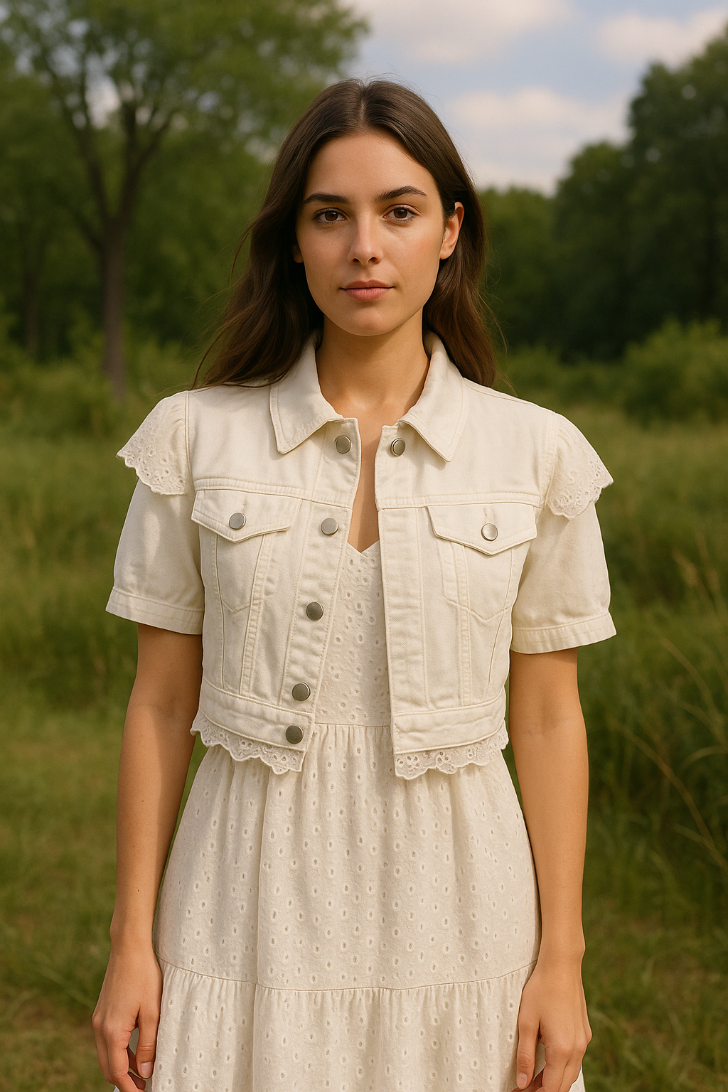 Lace-Trim Cropped Denim Jacket