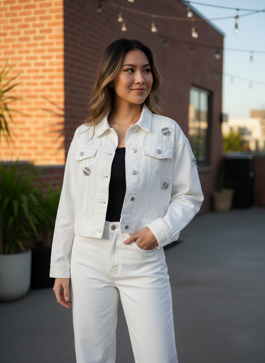 Embellished White Denim Jacket