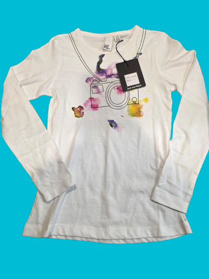 Girls’ Long Sleeve Cotton Top – “Little Photographer” Print