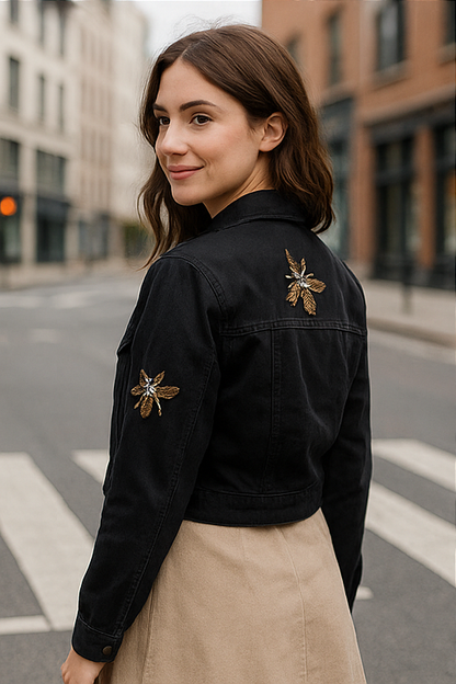 Black Cropped Denim Jacket with Embellished Bee Appliqués