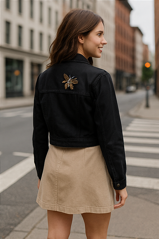 Black Cropped Denim Jacket with Embellished Bee Appliqués